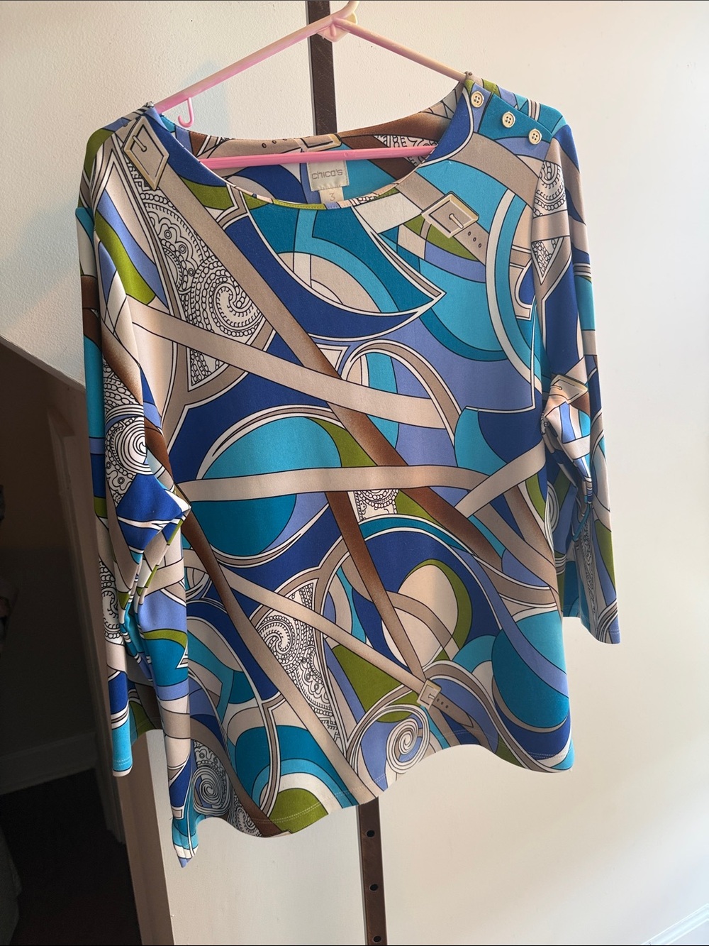 Chico's Blue & Green Abstract Boatneck Top with Shoulder Buttons